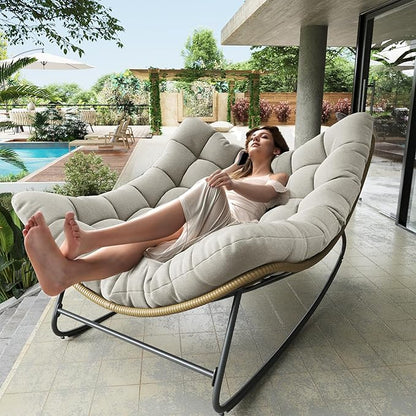 Outdoor Rocking Chair, Indoor Papasan Chair, Oversized Egg Rocking Chair with Thick Cushion, Rattan Wicker Rocker Lounge Chair for Bedroom, Living Room, Patio, Garden, Porch (Light Grey)