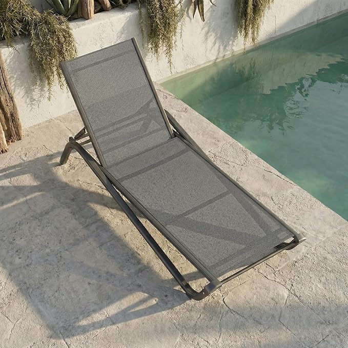 Outdoor Chaise Lounge Chair, 5-Position Adjustable Patio Lounge Chair with Ergonomic Aluminum Frame, Textilene Fabric Pool Loung Chairs for Poolside, Deck, Backyard (Grey)