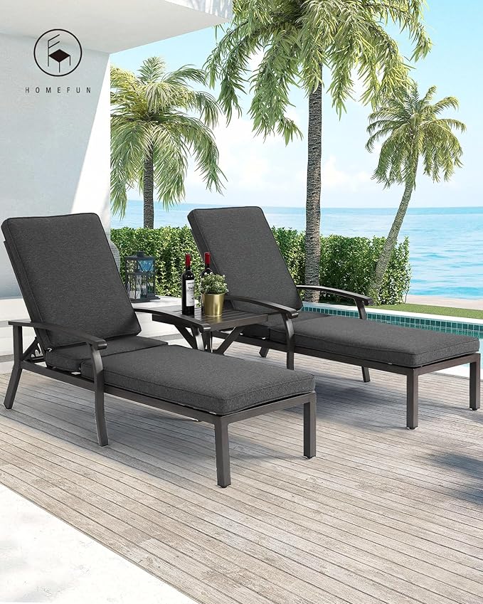 HOMEFUN Outdoor Chaise Lounge Chair 3-Piece Set, Hand-Brushed Wood Grain Cast Aluminum Recliners with Side Table - Photo 7