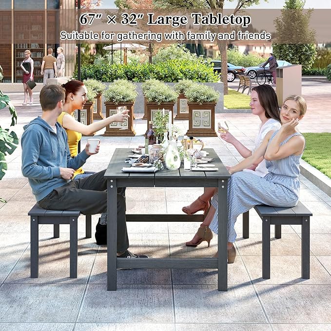 Tangkula HDPE Outdoor Dining Table for 6 Person, 67” Patio Table with Wood-Like Tabletop and Umbrella Hole, Weather-Resistant Rectangle Table for Garden, Backyard and Poolside (Gray, 1 Table)
