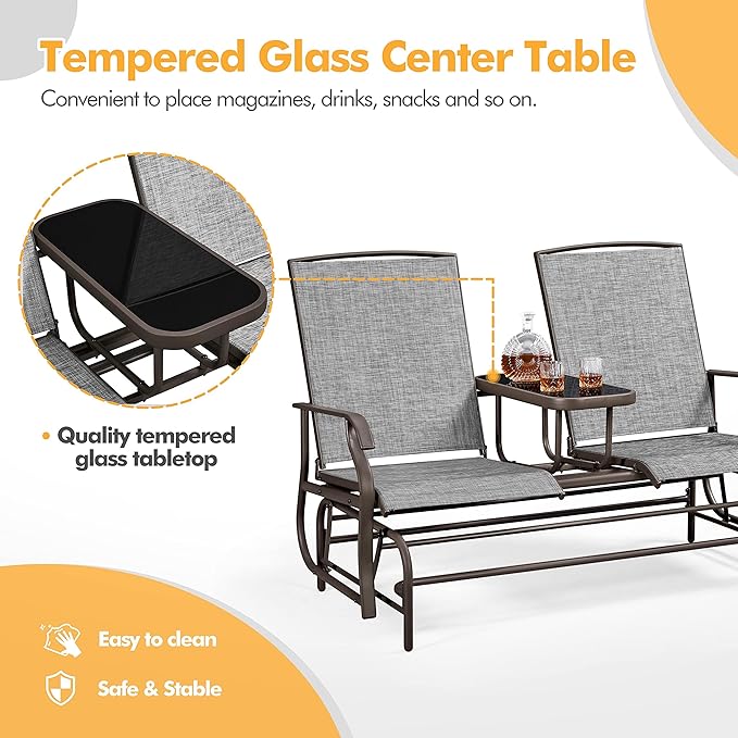 Yaheetech 2-Seat Outdoor Glider with Center Table, Patio Rocking Loveseat with Breathable Mesh Sturdy Metal Frame for Garden Pool Lawn