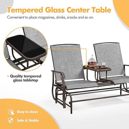 Yaheetech 2-Seat Outdoor Glider with Center Table, Patio Rocking Loveseat with Breathable Mesh Sturdy Metal Frame for Garden Pool Lawn