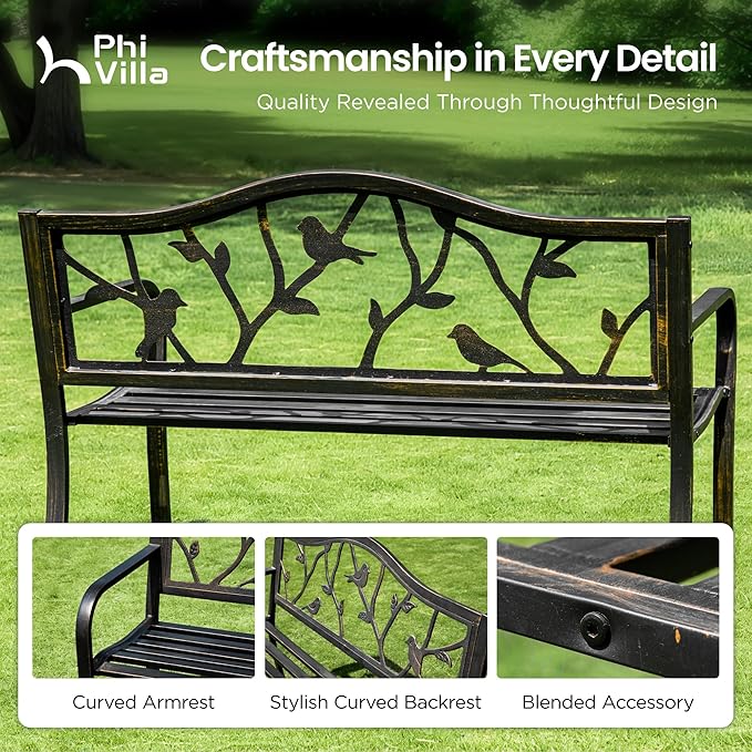 PHI VILLA Outdoor Garden Park Bench Patio 50" Metal Bench, Steel Frame Bench with Backrest and Armrests for Porch, Lawn - Photo 9