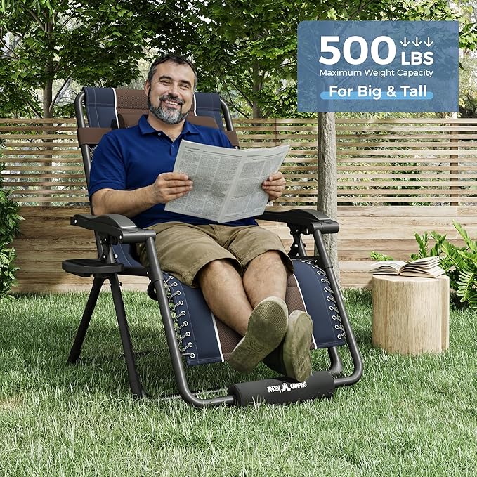 UDPATIO Oversized Zero Gravity Chair, Outdoor Full Padded Recliner, Patio Folding Adjustable Reclining Seat with Cup Holder, Footrest & Headrest for Camping Indoor, 500LBS Support,Brown/Blue,29in