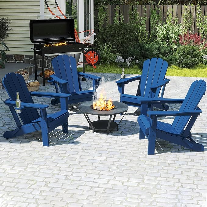 Domi Folding Adirondack Chairs Set of 4, HDPE All-Weather Outdoor Chairs with Cup Holder, Wooden Textured Fire Pit Chairs for Backyard, Patio, Poolside & Deck, Navy Blue