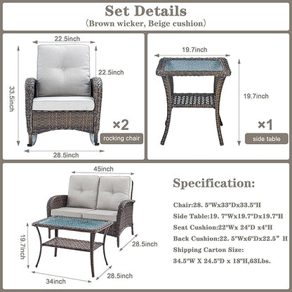 Belord Patio Wicker Furniture with Rocking Chairs Loveseat, 5 Piece Rattan Furniture Outdoor Table and Rocking Chairs Set for Patio Deck Porch Backyard Brwon/Beige