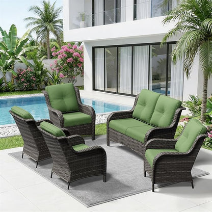 5 Piece Outdoor Wicker Patio Furniture Set, Patio Chairs Set with Thickened Olefin Cushions, High Back and Deep Seating, Hand-Woven PE Rattan for Porch, Deck