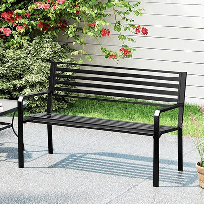 Tangkula 50” Outdoor Metal Park Bench, Patio Slatted Garden Bench for 2-3 People with Armrests & Backrest, Heavy-Duty Modern Seating for Backyard, Poolside, Porch
