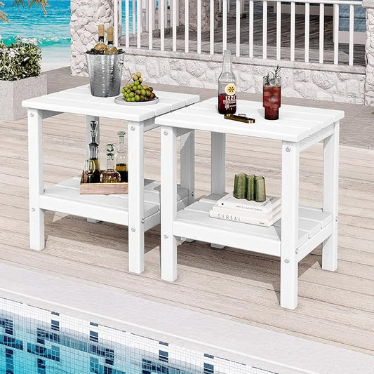 KINGYES 2-Tier Outdoor Side Table Set of 2, HDPE All Weather Adirondack Patio Tables,White