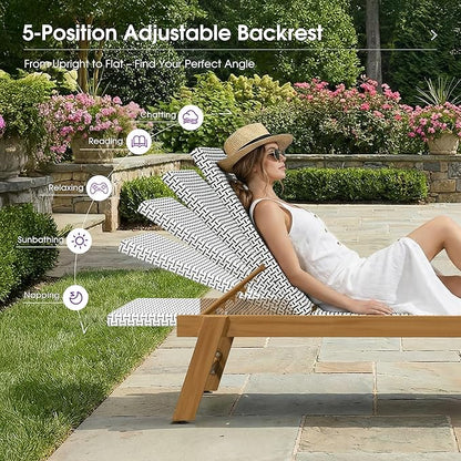 PURPLE LEAF Extra Large Patio Chaise Lounge 2 Pieces French Outdoor Wicker Lounger Matte Teak Aluminum Frame 771LBS Capacity PE Rattan Adjustable Backrest for Pool Garden Beach Backyard White