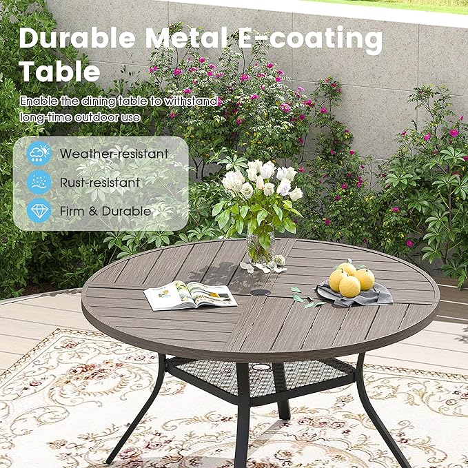 Patio Dining Table for 4-6, Round Metal Outdoor Table with Storage Shelf, 1.57" Umbrella Hole, 47" Outdoor Quartered Tabletop Dining Table for Backyard, Porch, Lawn, Grey
