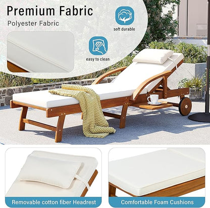 LUMISOL 77.5” Acacia Wood Chaise Lounge Chair, Patio Outdoor Chaise Lounge with Cushions, Adjustable Backrest, Leg Rest, Headrest, Retractable Side Tray for Patio, Pool, Garden, Beige