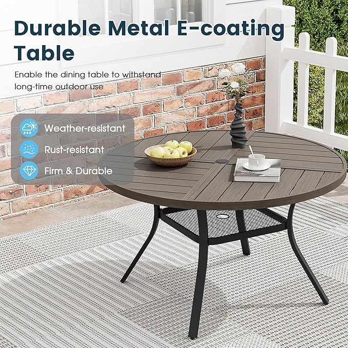 Patio Dining Table for 4, Round Metal Outdoor Table with Storage Shelf, 1.57" Umbrella Hole, 41" Outdoor Quartered Tabletop Dining Table for Backyard, Porch, Lawn, Grey
