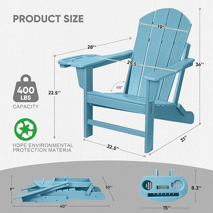FOOWIN Folding Adirondack Chair, HDPE Adirondack Chairs with Cup Holder, Weather Resistant Plastic Fire Pit Chairs for Outdoor, Patio, Lawn, Garden, Backyard, Deck, Light Blue