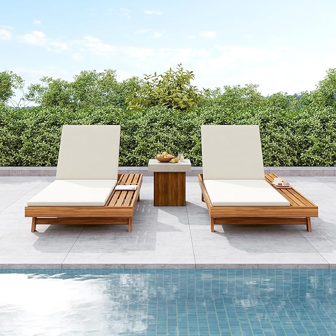 Merax Acacia Wood Chaise Lounge Chair Outdoor Set of 2, Patio Recliner with 4 Position Adjustable Backrest and 1.57" Thick Double-fold Cushion