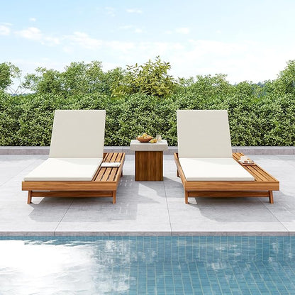 Merax Acacia Wood Chaise Lounge Chair Outdoor Set of 2, Patio Recliner with 4 Position Adjustable Backrest and 1.57" Thick Double-fold Cushion