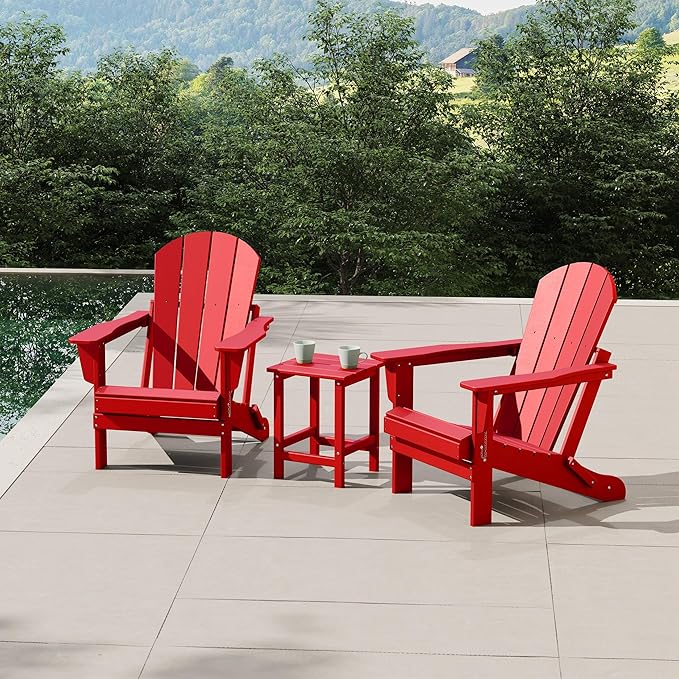 WestinTrends Malibu 3-Pieces Adirondack Chairs Set with Side Table, All Weather Outdoor Seating Plastic Patio Lawn Chair Folding for Outside Porch Deck Backyard, Red