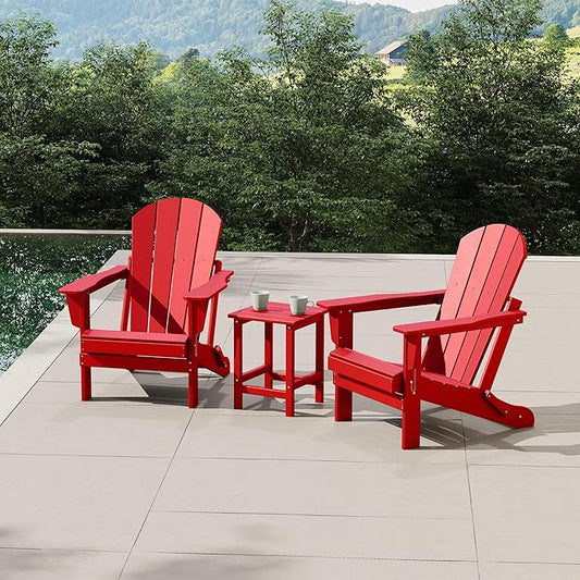 WestinTrends Malibu 3-Pieces Adirondack Chairs Set with Side Table, All Weather Outdoor Seating Plastic Patio Lawn Chair Folding for Outside Porch Deck Backyard, Red