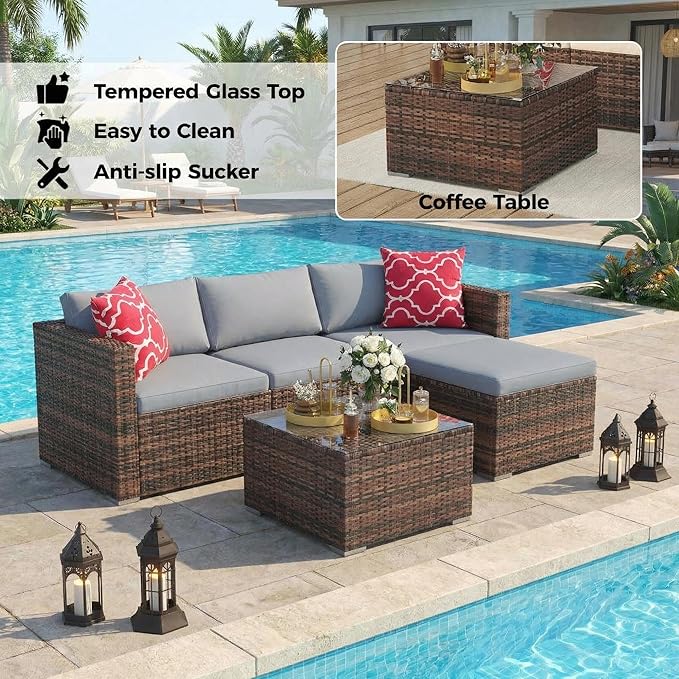 5-Piece Patio Sectional Sofa Set, All-Weather Brown PE Rattan Outdoor Conversation Furniture with Neutral-Tone Cushions - Photo 4