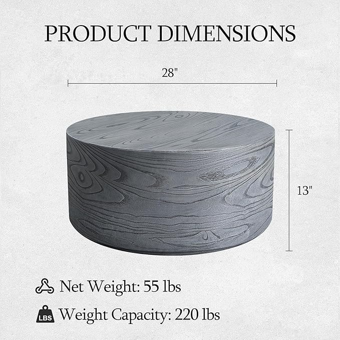 UPHA 28" Round Outdoor Coffee Table, Modern Hollow Concrete Patio Table, Small Minimalist Low Accent Table for Living Room, Balcony, Deck, Backyard, Gray Wood Finish