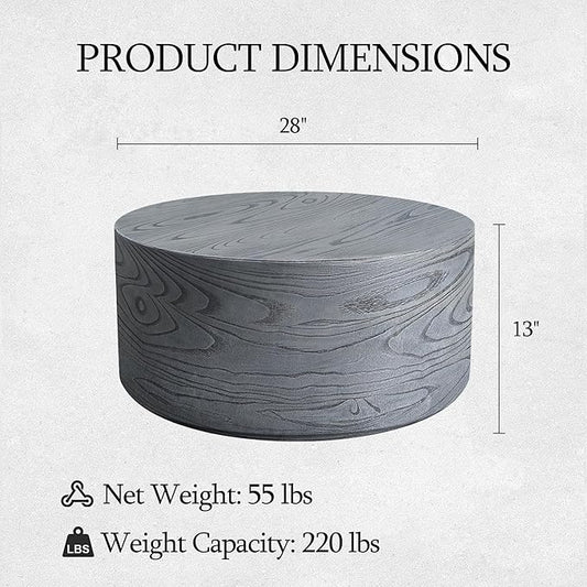 UPHA 28" Round Outdoor Coffee Table, Modern Hollow Concrete Patio Table, Small Minimalist Low Accent Table for Living Room, Balcony, Deck, Backyard, Gray Wood Finish