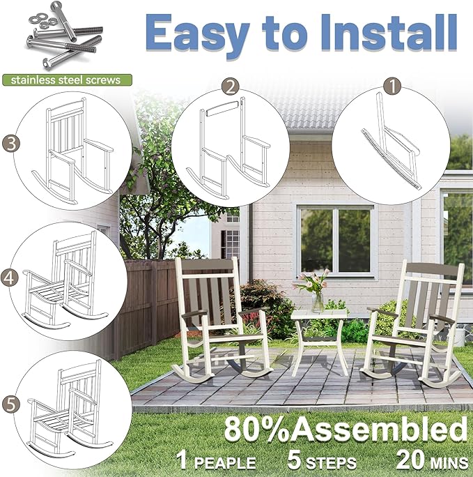 Outdoor Patio Rocking Chairs Set of 3, 2 Chairs Made of Metal & WPC + 1 All Metal Table - Photo 6