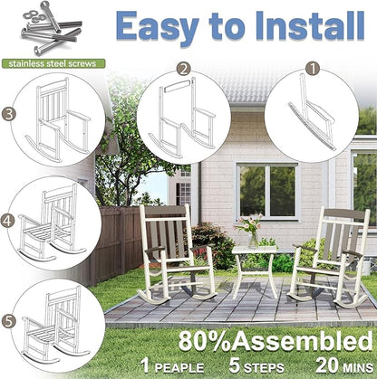 Outdoor Patio Rocking Chairs Set of 3, 2 Chairs Made of Metal & WPC + 1 All Metal Table, Outside Oversized Porch Rocker Chairs with High Back for Adults, Outdoor Rocker for Garden, White & Grey