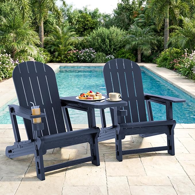 Shintenchi Adirondack Chairs Set of 2,HDPE Adirondack Chair w/Removable Tablelop & Umbrella Hole,All-Weather Wooden Textured Plastic Outdoor Chairs w/Cup Holder for Garden Backyard Pool,Dark Blue