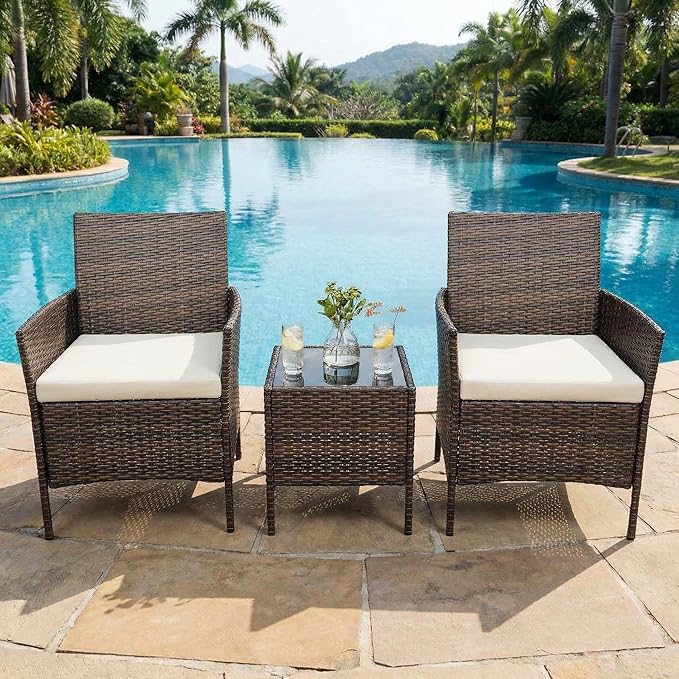 GarveeHome 3-Piece Patio Bistro Set, PE Rattan Outdoor Conversation Furniture with 2 Cushioned Chairs & Coffee Table - Photo 1