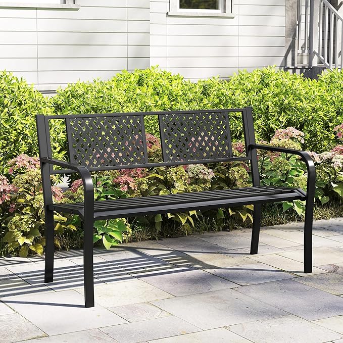 Tangkula Metal Outdoor Garden Bench, 50 Inches Patio Bench with Patterned Backrest and Curved Armrests, 2-3-Person Outside Bench, Heavy-Duty Metal Loveseat Chair for Porch, Lawn & Yard