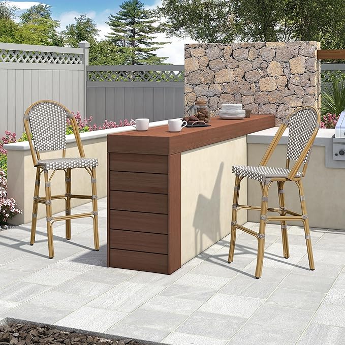 PURPLE LEAF French Bar Stool Set of 2 Bamboo Print Finish Patio Bar Stools with Back Rattan Chairs Wicker Bar Height - Photo 3
