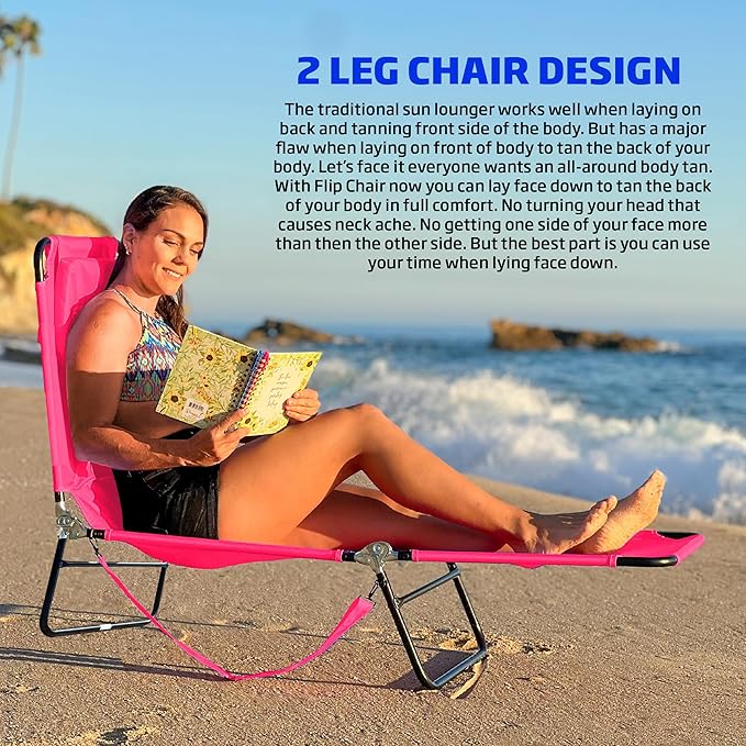 EASYGO PRODUCTS Lawn Chair Chaise Lounge 2 Legs Support Polyester Material Reclining Backrest Head Rest Pillow Great for Beach, Home, Backyard, Outdoor, Patio, Pool, Camping, Lawn or Deck Color Pink