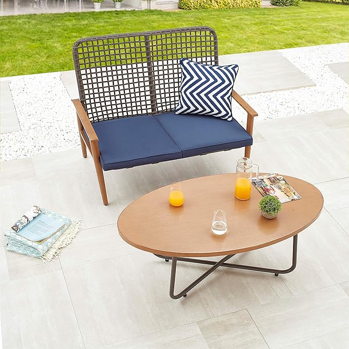 LOKATSE HOME Outdoor 2 Pcs Patio Loveseat Wood with Coffee Table Bistro Cushioned Outside Bench Wicker for Garden Poolside Balcony, Blue