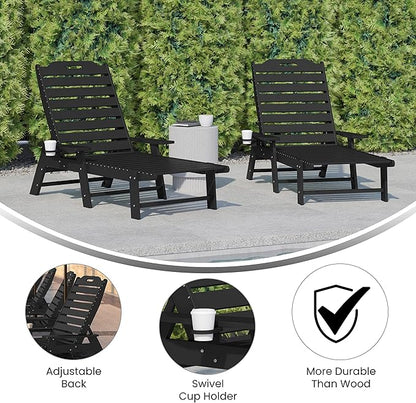 Flash Furniture Monterey Adjustable Adirondack Loungers with Cup Holders- All-Weather Indoor/Outdoor HDPE Lounge Chairs, Set of 2, Black