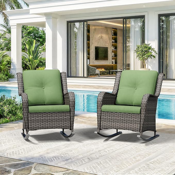 Patio Rocking Chairs Set of 2, Outdoor Wicker Patio Furniture Set 2 Pieces with Thickened Olefin Cushions - Photo 8
