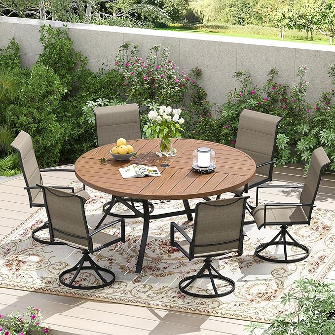 Patio Dining Table for 6-8, Round Metal Outdoor Table with Storage Shelf, 1.57" Umbrella Hole, 53" Outdoor Quartered Tabletop Dining Table for Backyard, Porch, Lawn, Walnut
