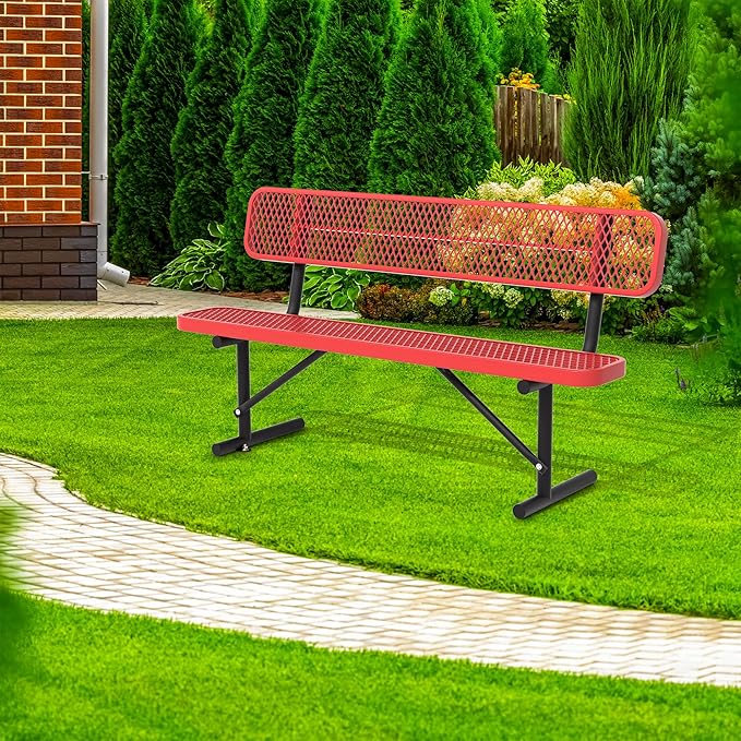 6 Ft Metal Park Bench for Outside, All-Weather Thermoplastic Coating Outdoor Bench with Backrest, Commercial Heavy Duty Benches for Shopping Malls, Stores, Parks, Patios, Decks, Red