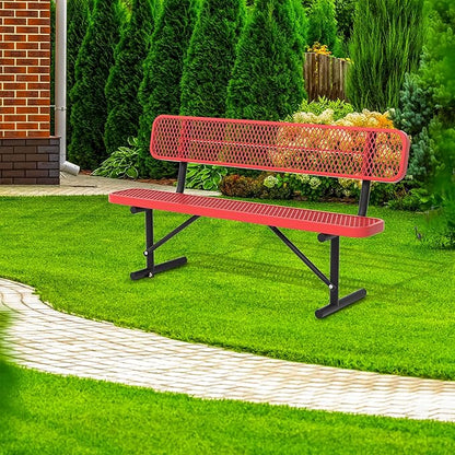 6 Ft Metal Park Bench for Outside, All-Weather Thermoplastic Coating Outdoor Bench with Backrest, Commercial Heavy Duty Benches for Shopping Malls, Stores, Parks, Patios, Decks, Red