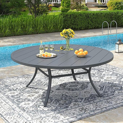 VICLLAX 60" Outdoor Round Patio Dining Table for 8-10, All Weather Metal Dining Table with Umbrella Hole for Deck Lawn Garden Backyard, Dark Grey