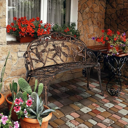 Bonnlo 2 Seater Garden Bench Outdoor Bench Furniture Patio Bench Seating Park Patio Seat Cast Iron Cast Aluminium Frame Antique Finish Chair