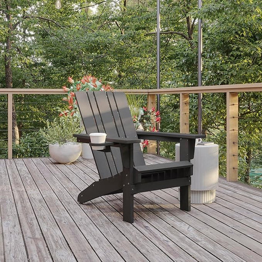 Flash Furniture Halifax Adirondack Chair with Cup Holder, Weather Resistant Poly Resin Adirondack Chair, Gray, Set of 1