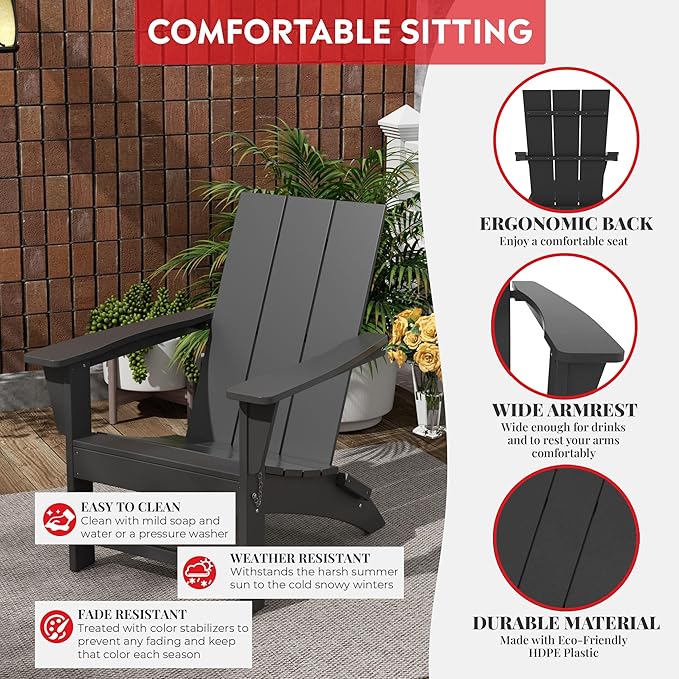 Costaelm Folding Adirondack Chairs, Outdoor Patio Adjustable Lawn Chairs, Weather Resistant Outside Firepit Chairs for Porch, Poolside, Garden, Backyard Deck, Gray