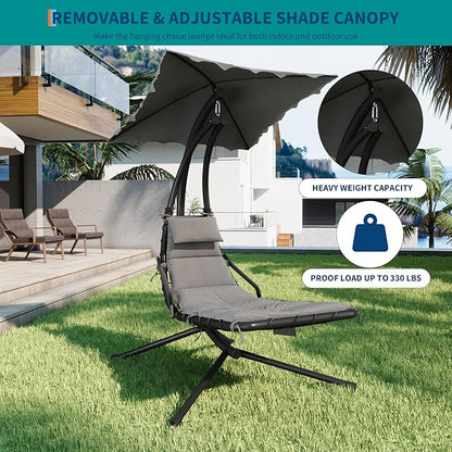 Hanging Chaise Lounge Swing Chair, Hanging Curved Chaise Lounge Chair Umbrella, Curved Steel Hammock Lounger Chairs for Outdoor Indoor Patio Pool Garden Backyard Porch