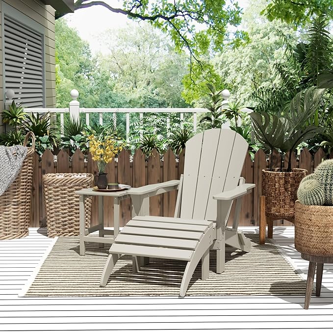 WestinTrends Malibu Outdoor Lounge Chairs, 3-Pieces Adirondack Chair Set with Ottoman and Side Table, All Weather Poly Lumber Patio Lawn Folding Chair for Outside Pool Garden Backyard, Sand