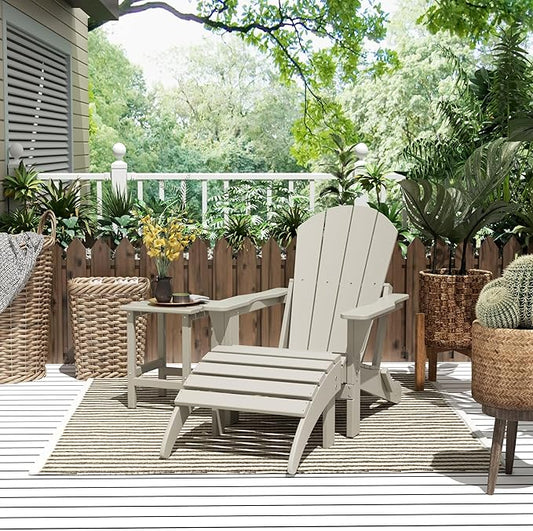 WestinTrends Malibu Outdoor Lounge Chairs, 3-Pieces Adirondack Chair Set with Ottoman and Side Table, All Weather Poly Lumber Patio Lawn Folding Chair for Outside Pool Garden Backyard, Sand