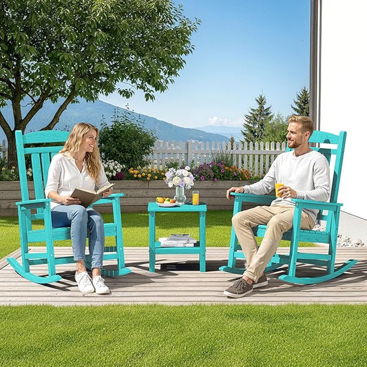 SERWALL HDPE Outdoor Rocking Chair Set of 2, Patio Rocking Chairs, All-Weather Porch Rockers for Adults, Aruba Blue