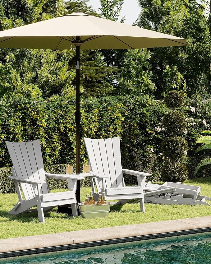 GREENVINES Folding-Adirondack-Chairs-Set-of-2 | HDPE Plastic | Arch Series | Fire Pit Chair | with Connecting Tray | Removable Table | All Weather | for Outdoor Patio Deck Poolside | White