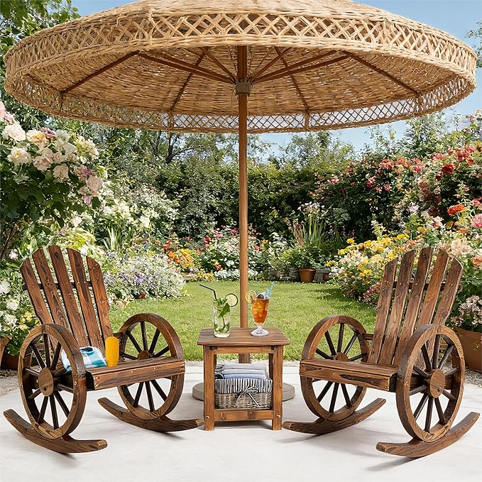 3 PCs Patio Rocking Chair Set, Outdoor Wooden Rocker Bistro Set with Coffee Table Wagon Wheel Rustic Chairs for Garden Country Yard