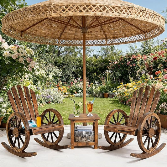 3 PCs Patio Rocking Chair Set, Outdoor Wooden Rocker Bistro Set with Coffee Table Wagon Wheel Rustic Chairs for Garden Country Yard