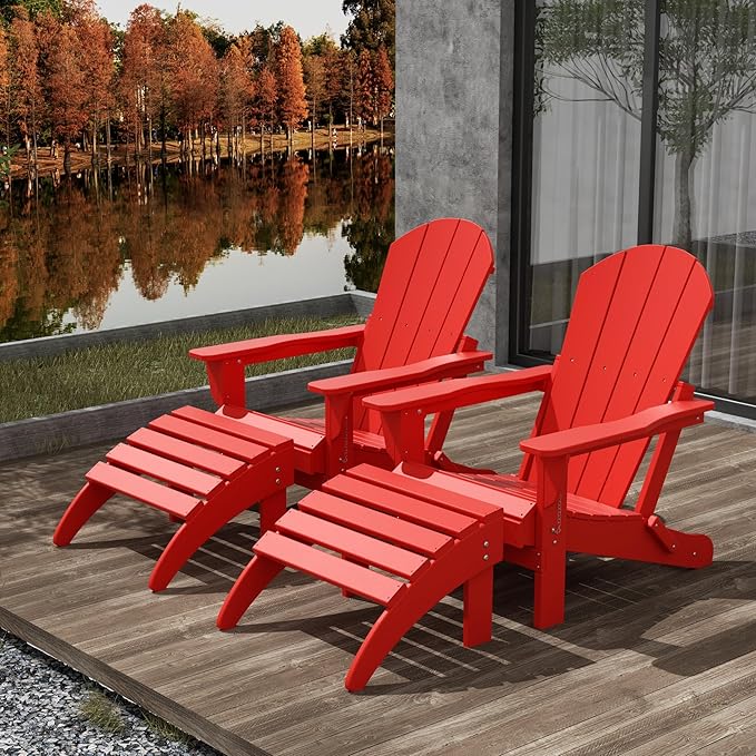 WestinTrends Malibu Outdoor Lounge Chair Set, 4-Pieces Adirondack Chair Set of 2 with Ottoman, All Weather Poly Lumber Patio Lawn Folding Chair for Outside Pool Beach, Red